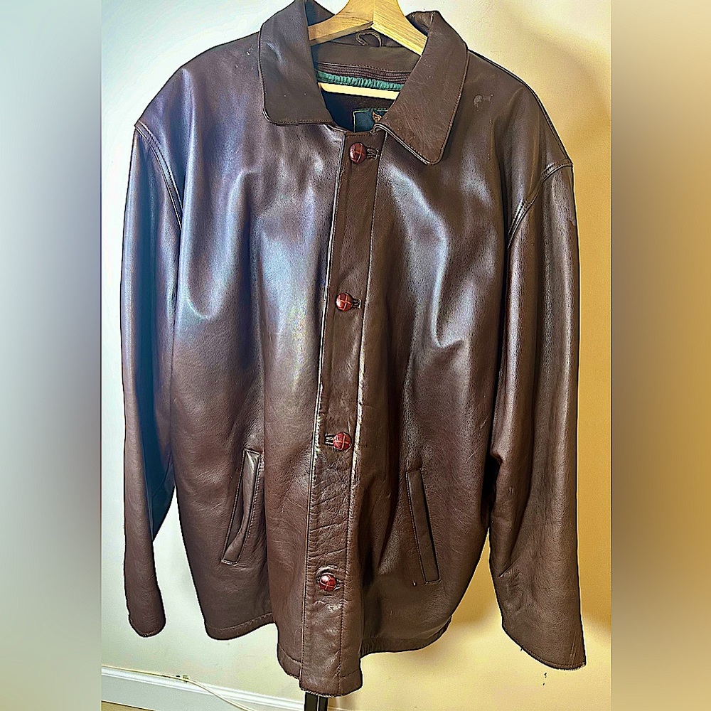 GOLDEN HAWK Vintage Brown Leather Button Up Moto Coat Removable Lining Men’s 2XL